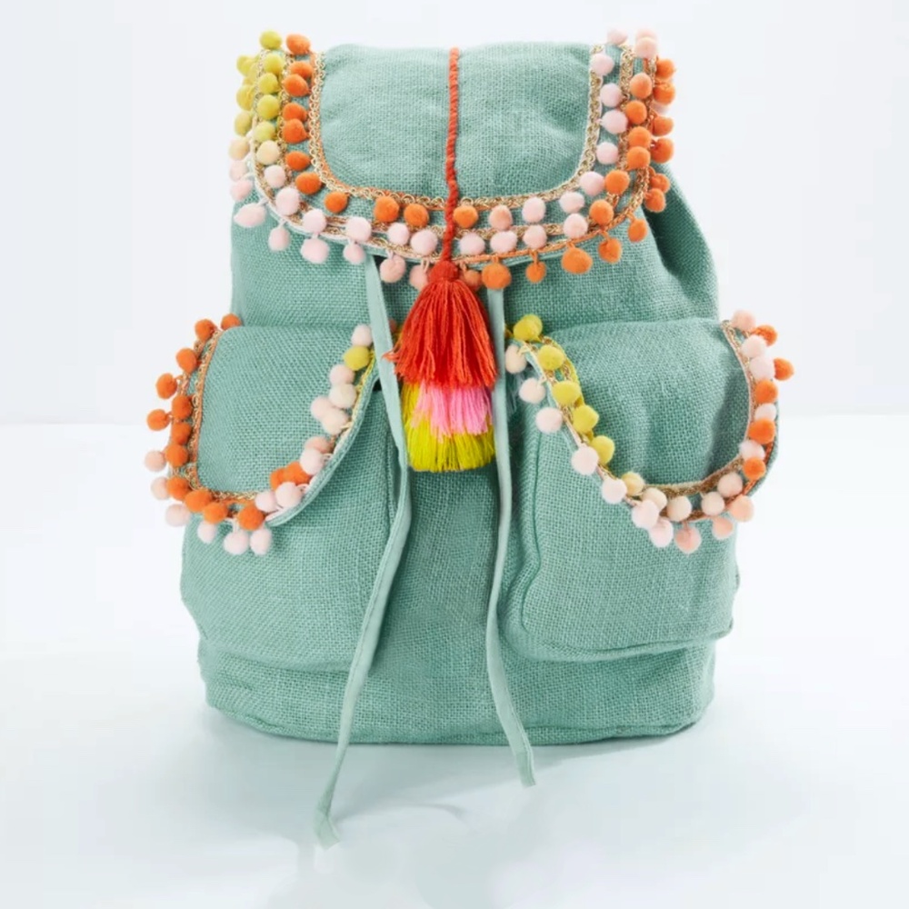 America & Beyond - Embellished Orange Pom Pom Yellow Tassel Teal Jute Backpack